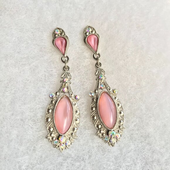 Vintage Silver-Toned Faux Pink Moonstone Dangle Earrings - Picture 2 of 3